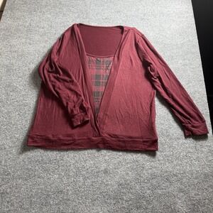 Women's Maroon Long Sleeve Top Faux Cardigan Plaid Inset Layered Look 4X